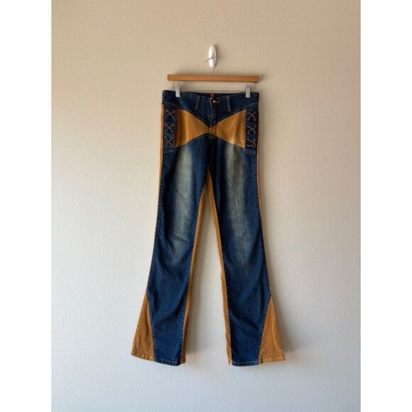 vintage y2k mid rise corduroy patch work flare lace up jeans - Picture 1 of 7